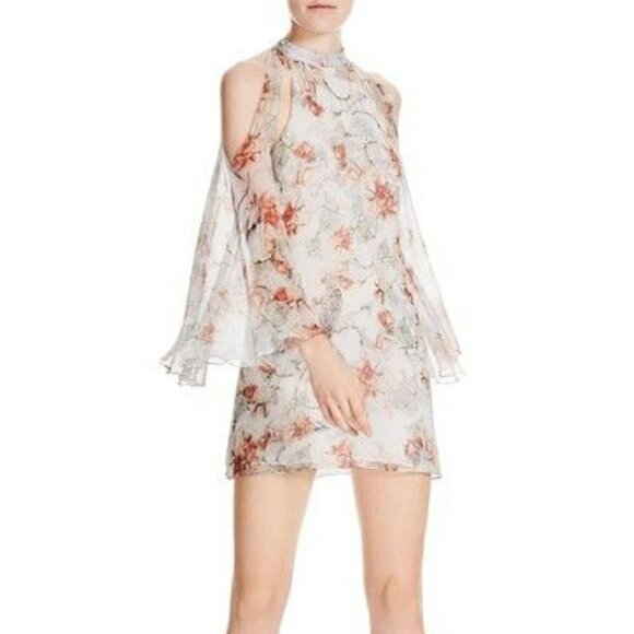 Haute Hippie Paradise Dress Cream Sz 0 Floral Silk Cold Shoulder Bell Sleeves - Picture 1 of 11